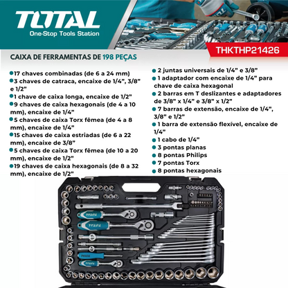 Caixa de ferramentas com 198 peças, conjunto de ferramentas manuais, conjunto de chaves de caixa com catraca, conjunto de chaves de fendas, ferramentas para reparações domésticas e automóveis, universal.